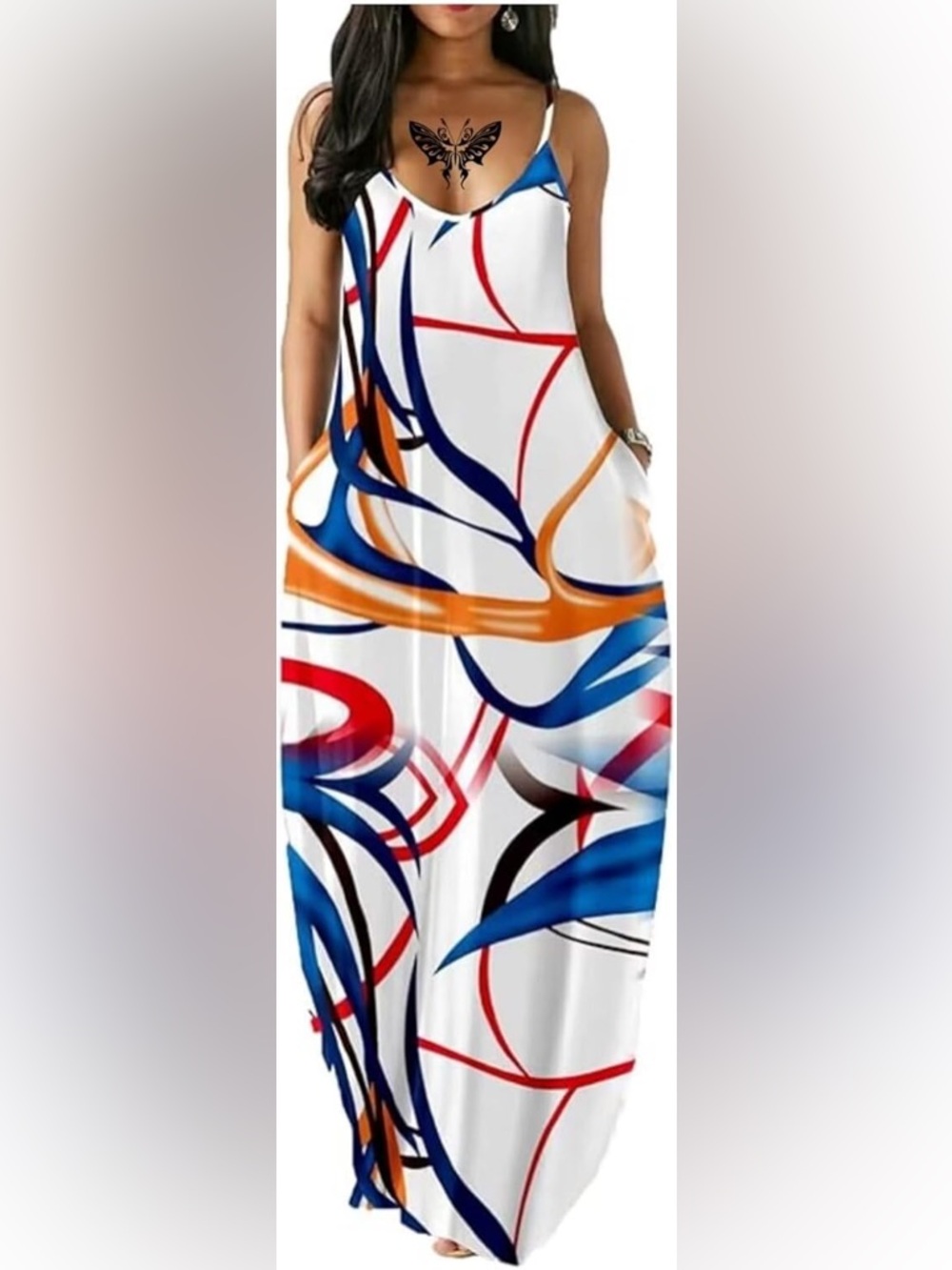 White Multi-Color Sleeveless Maxi Dress with Abstract Print M-L size